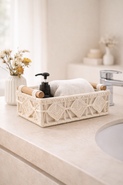 Off-white macrame storage baskets with wooden handles