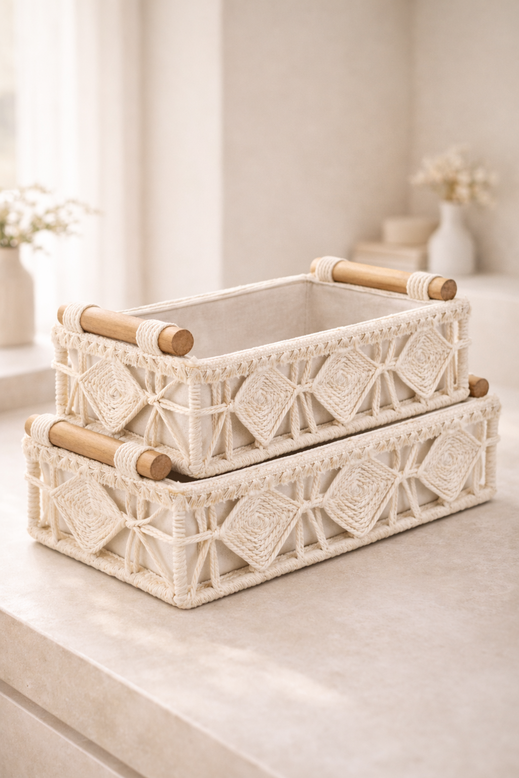 Macrame storage basket with decorative woven pattern