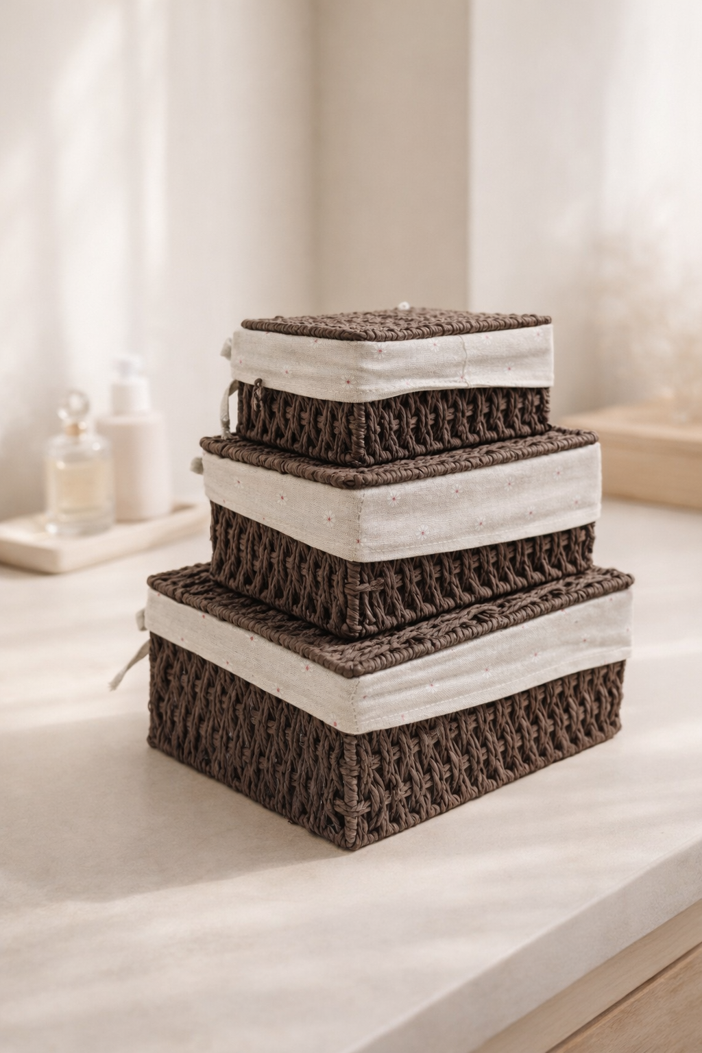 Brown woven storage lid boxes in three sizes