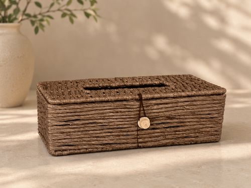 Brown tissue box cover used as an elegant home organizer