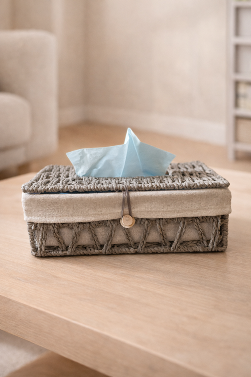 Grey tissue box cover styled as a modern home accessory