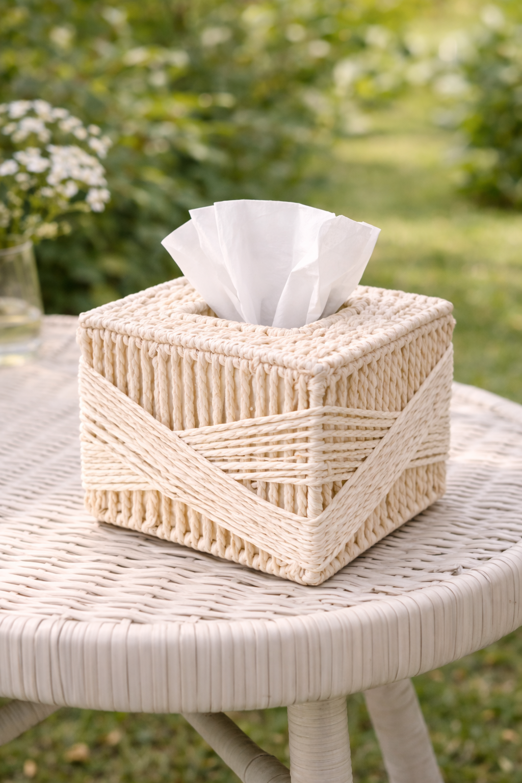 White cubic woven tissue holder by Ash Sid