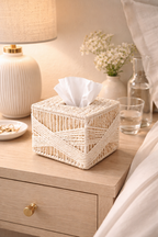 White cube tissue box cover styled as a home accessory