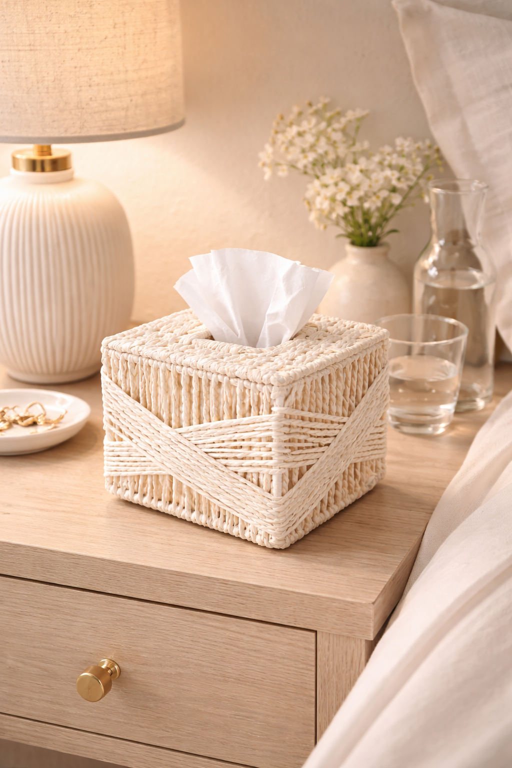 White cube tissue box cover styled as a home accessory